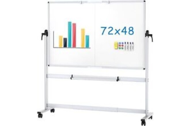 Double-Sided Mobile Whiteboard,72 x 48 Inches, Magnetic Rolling Dry Erase,Silver