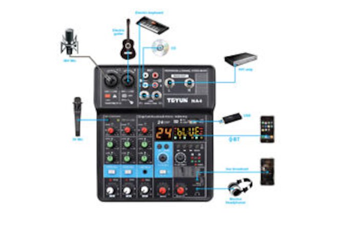 Pro 4 Channel Studio Audio Mixer Bluetooth USB DJ Live Sound Mixing Console