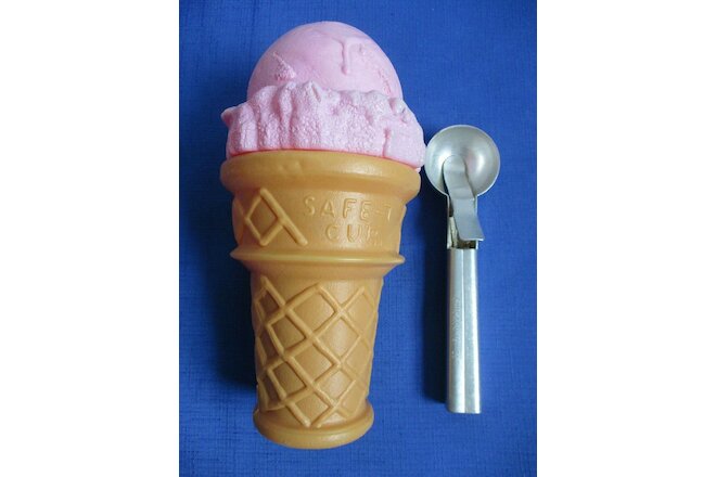 Lot-2 Vintage Plastic Safe-T Cup Strawberry Ice Cream Cone Bank & #44 Dipper