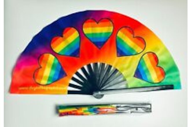 Vibrant Five Rainbow Hearts 26"  Extra Large Folding Clack Gay Pride Fan Rave