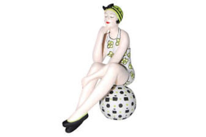 Bathing Beauty Figurine in Lime Green and White Suit on Beach Ball