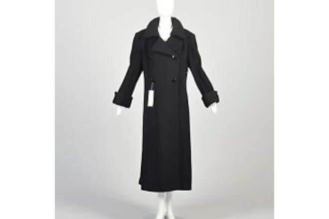 Large 1980s Black Wool Cashmere Coat Fur Trim Full Length Heavy Winter Overcoat