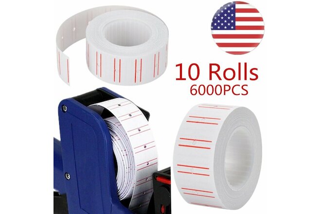 6000PCS 10 Rolls Price Gun Tag Sticker Label Refill MX 5500 Paper White Red Line