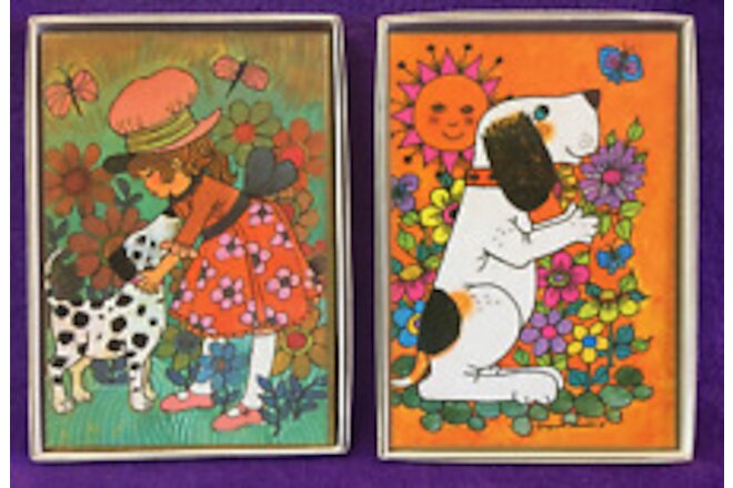 New Set of 2 Vintage Wall Plaque Dogs From 1970's Labelled Coloroll 8" x 5.5"
