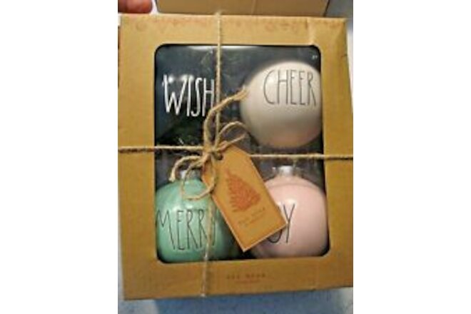 Rae Dunn Box of 4 Ball Ceramic Christmas Ornaments 3.25"D Wish Cheer Merry & Joy