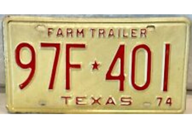 Expired 1974 NOS Texas Farm Trailer License Plate 97F 401 Good Condition VTG