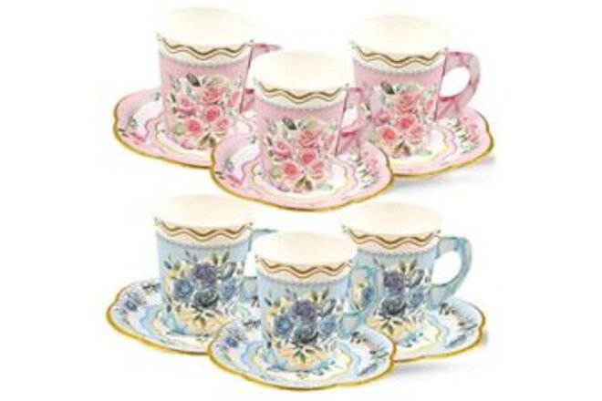 Floral Tea Party Cups and Saucers 24 Sets Paper Tea Cups with Handles Party