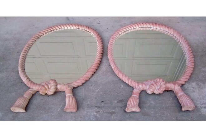 Pair Dorothy Draper style Hollywood Regency faux rope tassel wall mirror frame