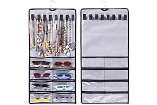 Sunglass Organizer Storage, Dual-sided Hanging 16 Pocket+16 Hooks Grey