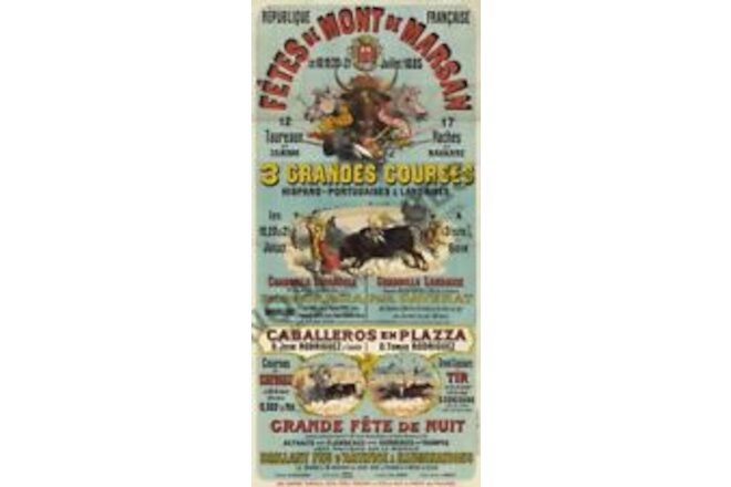Fetes Mont Marsan vintage bull fighting courses travel poster 16x33