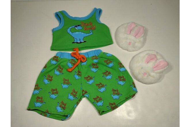 BABW Build a Bear Clothes Green Dinosaur Pajama Top Bottoms Slipper Shoes Outfit