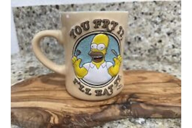 Homer  Simpson Coffee Cup 3D You Fry It I’ll Eat It Universal Studios 2008 Retro