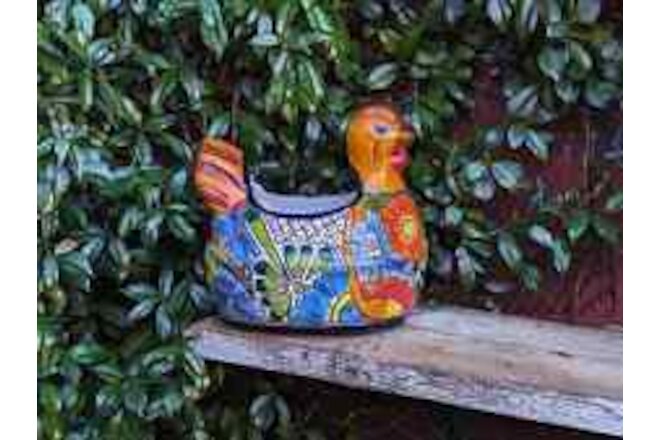 Talavera Chicken Planter & Ceramic Flower Pot, Handmade Outdoor Yard Decor