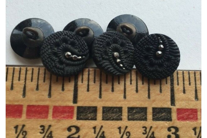 6 Art Deco Black Glass Victorian Mourning Buttons lacey fabric faux steels 12mm