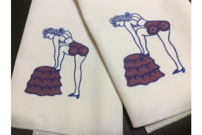 PR 2 - Vintage Risque Lady Ivory Embroidered Naughty Guest Towels 1950s MCM