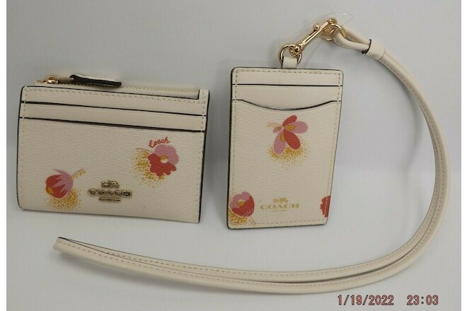 COACH Pop Floral ID Lanyard and Mini ID Credit Cards Case Key Chain Fob Ring NWT