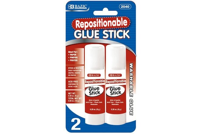 Repositionable Glue Sticks [2-Pack / Washable] Ideal for Paper/Photos/Posters