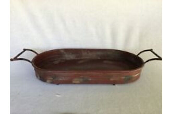 New Primitive Style Farmhouse AGED RED METAL SERVING TRAY Basket Caddy