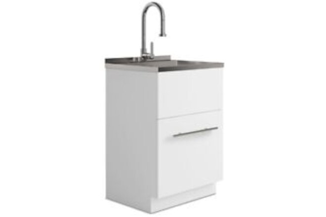 Simpli Home Metro Modern 24"Laundry Cabinet Faucet Stainless Steel Bathroom Sink