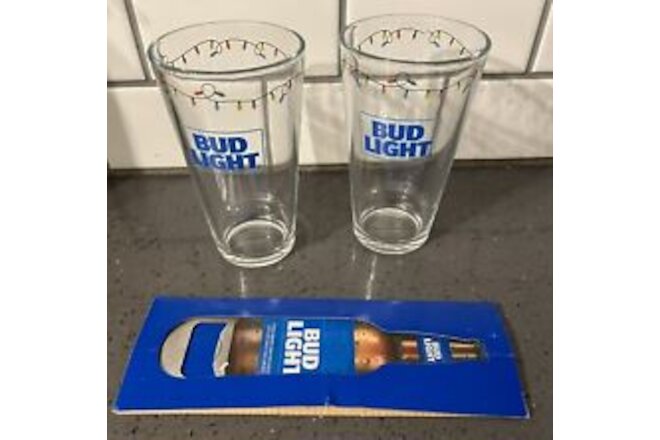 New Pair Of Bud Light Holiday Christmas Glasses & Bottle Opener NIB