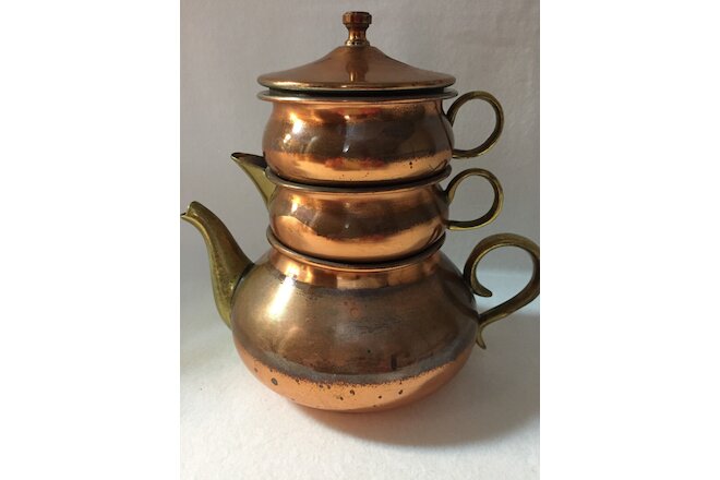 Copper Teapot Set Portugal with Sugar and Creamer Bowl Brass Handle and Spouts