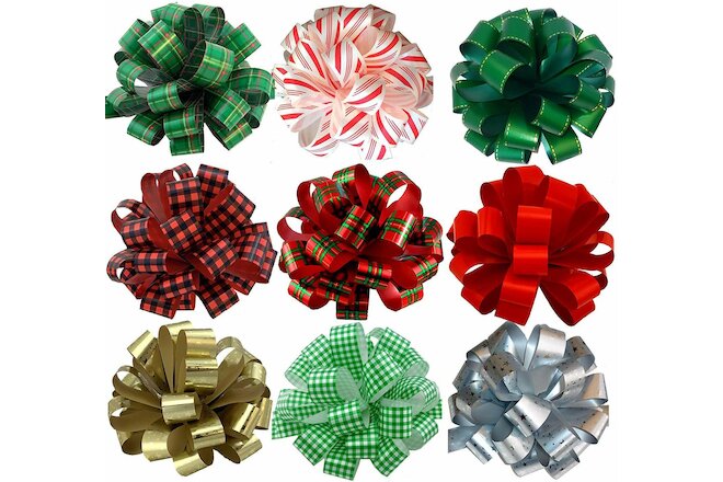 Large Christmas Print Pull Bows - 8" Wide, Set of 9, Red, Green, Gold, Plaid
