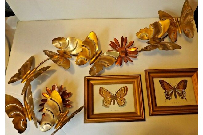 Vintage Home Interiors Brass Butterfly & Copper Daisy Wall Hanging & 2 Pictures