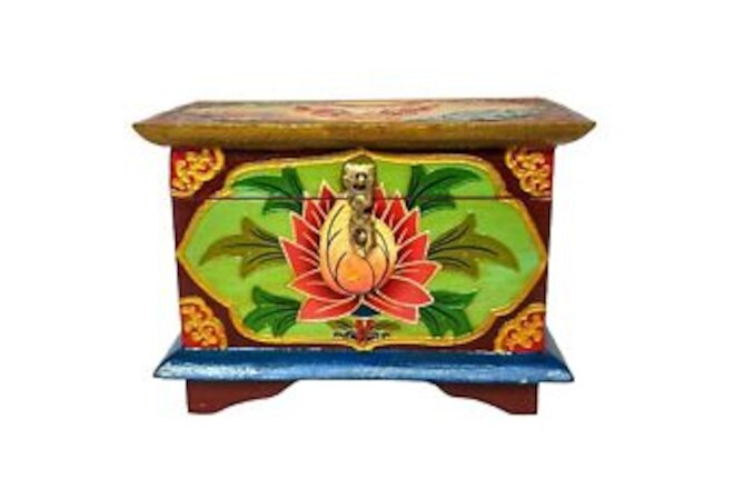 6" Brown Tibetan Painted Wooden Jewelry Hinge Keepsake Box Trinket Storage Nepal