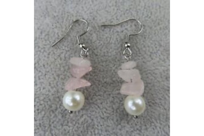 Pemby Studio Rose Quartz Dangle Earrings Pink Gemstone Chips Czech Glass Bead