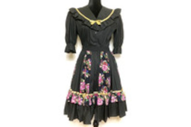 VTG Malco Modes Black Floral Square Dance 2pc Outfit Blouse Skirt Set Small