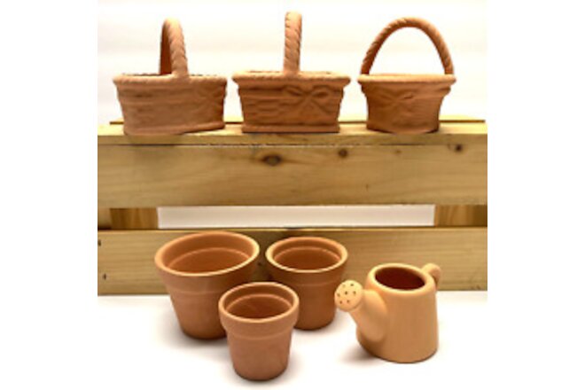 Lot of 7 NEW (flaws) Mini Clay Terracotta pots, baskets, water can home decor