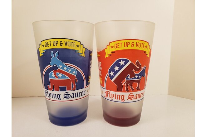 Flying Saucer Pint Glasses 2016 Election Get Up & Vote Set of 2 (each party)
