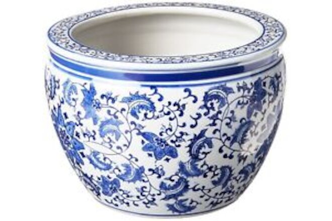 Oriental Furniture 12" Floral Blue & White Porcelain Fishbowl 12" Diameter