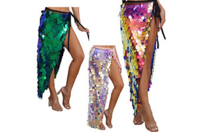 Women Shiny Sequin Skirt Lace-up Belly Dance Hip Skirt Scarf Wrap Festival Rave