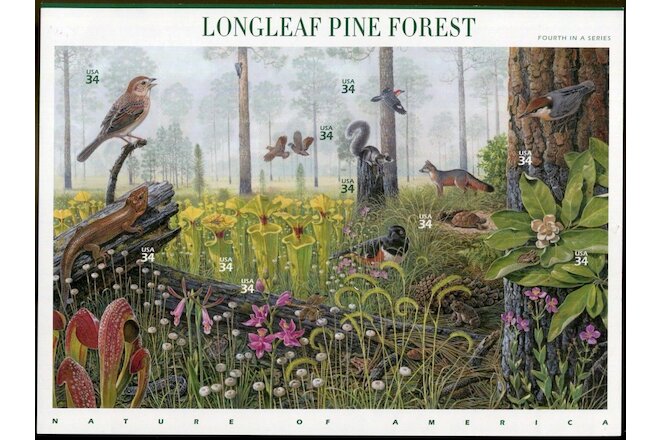 10 LONGLEAF PINE FOREST Mint Stamps: Sparrow Nuthatch Pitcher Plant Birds Nature