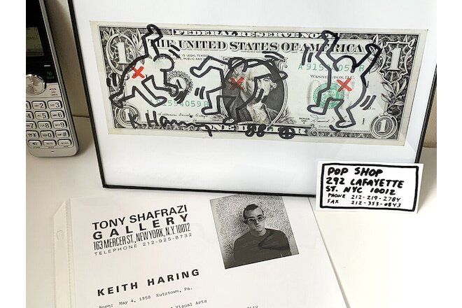 Keith Haring Signed Dollar Bill + Resume + POP SHOP Biz Card