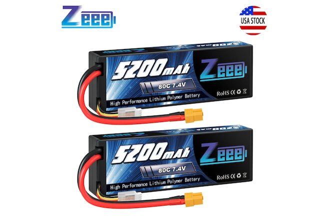 2pcs Zeee 5200mAh 80C 7.4V XT60 2S LiPo Battery Hardcase for RC Car Truck Truggy
