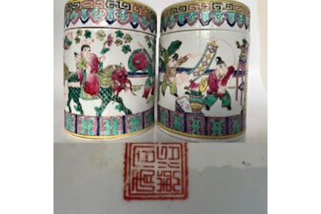 2 Antique Chinese Hand Paint Dragon Children Cylinder Hallmark Famille Jars 6"