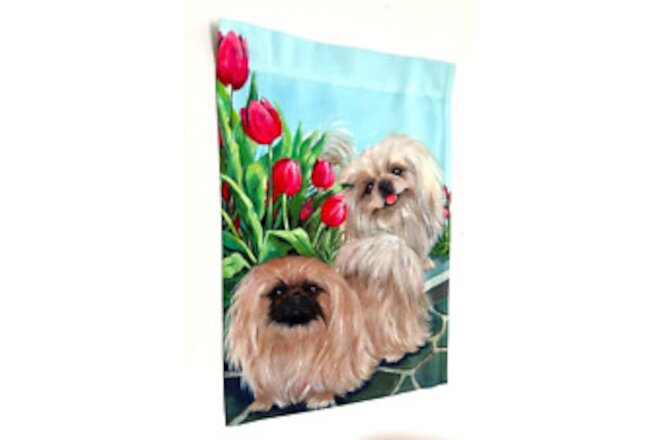 Pekingese Dog Garden Flag ~ Pekes & Tulips ~  Free Shipping
