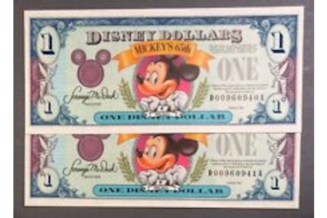 1993 Disney Dollars $1 Mickey's 65th. Two Sequential D Serial Numbers CH. UNC