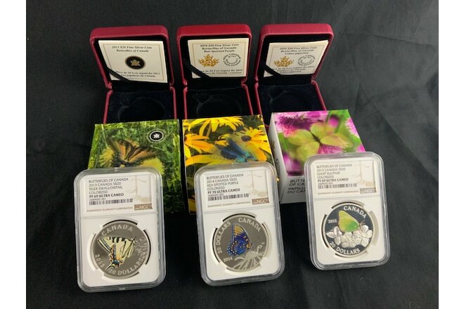 2013 2014 2015 1 oz .999 Silver PROOF $20 Butterflies of Canada NGC PF70 69 Set!