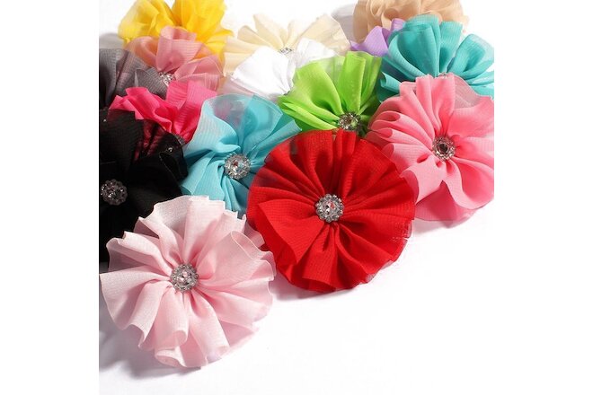 Chic Ballerina Blossom Chiffon Fabric Flowers Rhinestone For Headbands DIY 30pcs