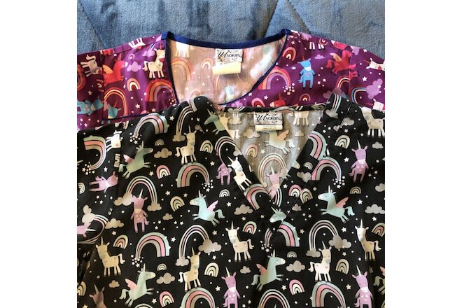 Lot Of 2 XL Medical Scrubs Tops Unicorn and Rainbow with Pockets