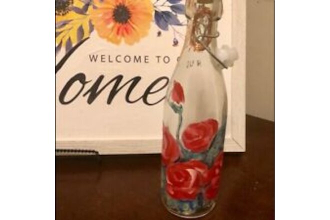 Hand painted roses on wine bottle w lights Home Art Decor Gift Idea