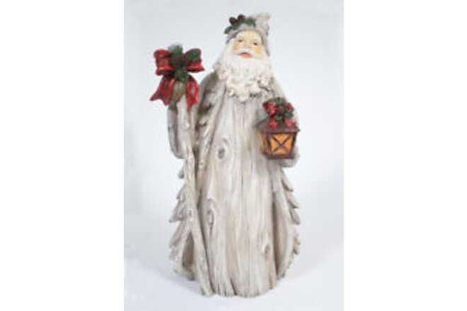 Wood Look Santa Holding a Lantern & Cane Christmas Holiday Figurine