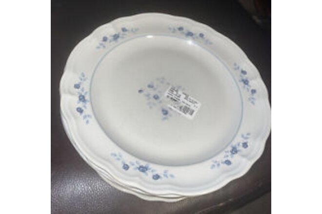 Four (4)Pfaltzgraff Poetry Glossy 10” Dinner Plates Blue Flowers Excellent Tags