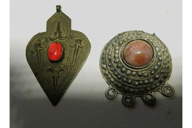 2 RARE Vintage Pendants-Nepal White Metal w/Agate & Persian Embossed Brass w/Red