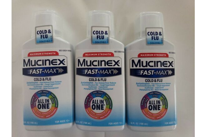 3 x Mucinex Fast-Max MAXIMUM STRENGTH All-In-One Cold & Flu Liquid 6 oz Ea 10/22