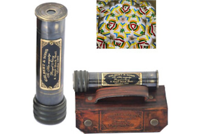 Handicrafts Handmade Brass Kaleidoscope with Leather Box - Vintage Look - Ant...