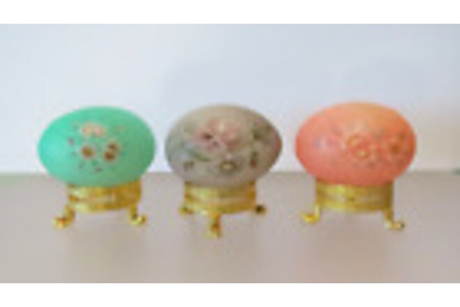 Vintage Alabaster Stone Eggs & Stands Floral Motifs Lavender Pink Aqua Lot of 3